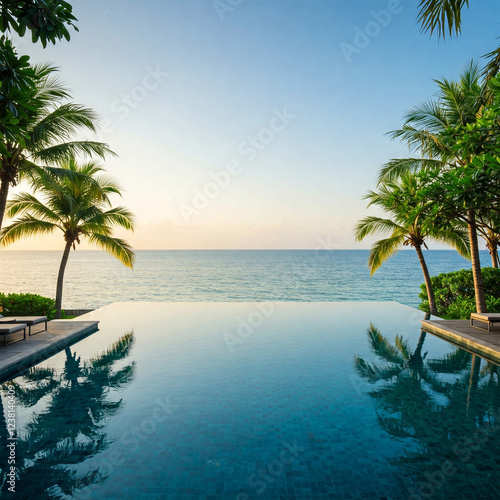 Outstanding infinity swimming pool overlooking to the sea frame amongst palm trees. Idyllic destination for a holiday. 