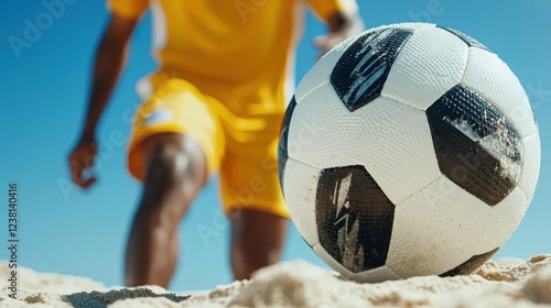 Wallpaper Mural A close-up of a soccer ball on the beach with a player in the background. Torontodigital.ca
