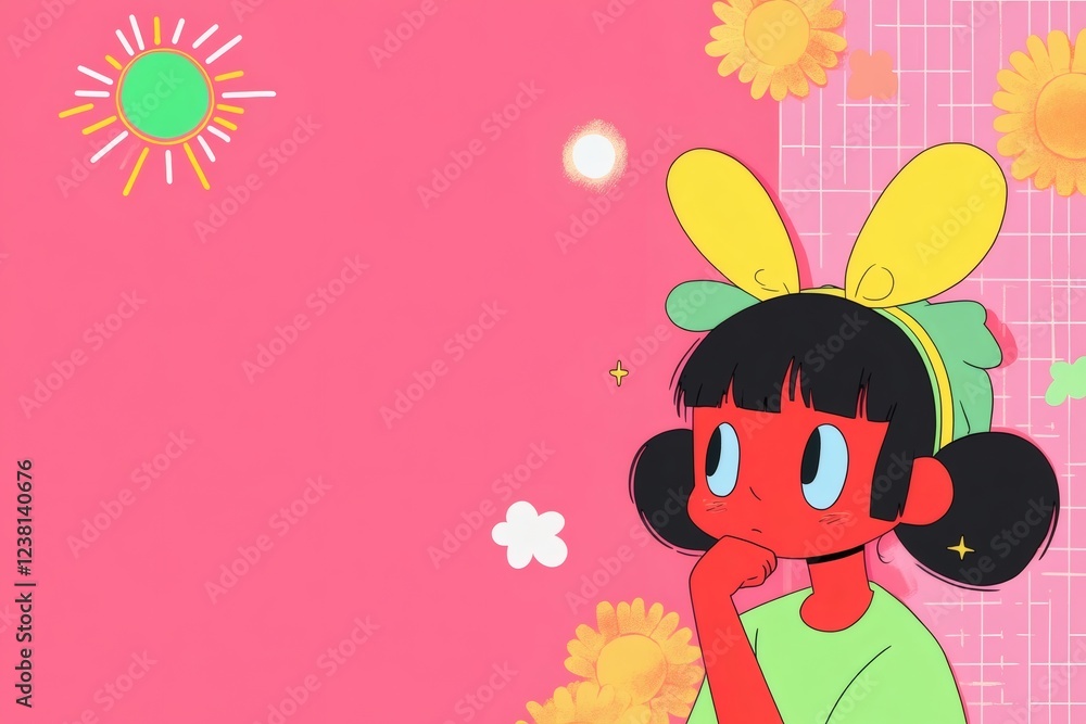 Portrait of a girl with a thoughtful expression in a bright, colorful background with floral accents and geometric patterns Portrait of a girl with a thoughtful expression in a bright, colorful background with floral accents and geometric patterns