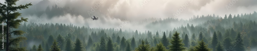 Fototapeta premium Plane flies over a dense forest with towering trees and misty fog, aerial view, tree line, mountain