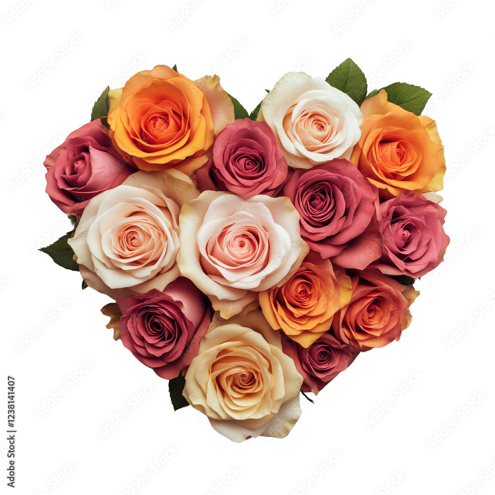A heart-shaped arrangement of vibrant roses in shades of pink, orange, and cream, showcasing their delicate petals and lush green leaves. A heart-shaped arrangement of vibrant roses in shades of pink, orange, and cream, showcasing their delicate petals and lush green leaves.