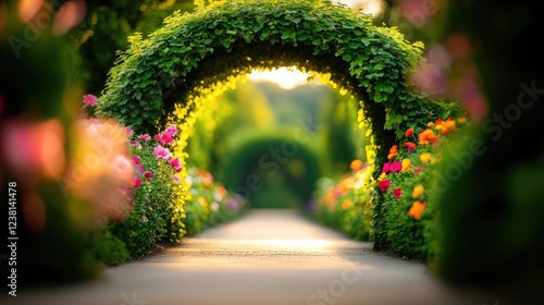 Garden blooms nature concept. A vibrant garden pathway adorned with lush greenery and colorful blooming flowers.