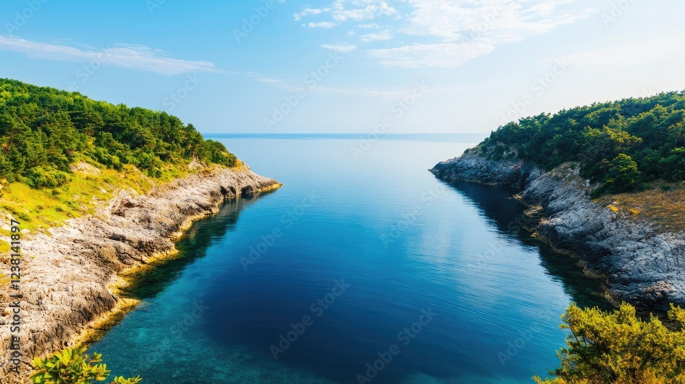 Coastal scenic nature idea. A serene view of a tranquil coastal landscape with clear blue water and lush green hills. Coastal scenic nature idea. A serene view of a tranquil coastal landscape with clear blue water and lush green hills.