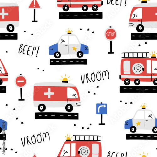Seamless vector pattern with cute cars - police, ambulance, fire truck. Drawing for childrens textiles with cartoon emergency vehicles. Kids background with rescue team. Scandinavian style