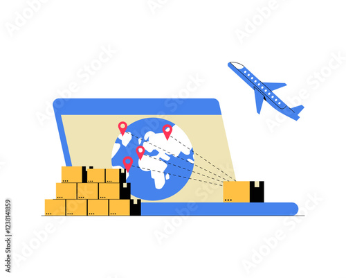 Online Global Shipping And Logistics With Laptop, Airplane, And Boxes. Flat Vector Illustration About E Commerce, International Trade, And Digital Marketplace, Isolated On White Background.