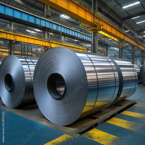 Cold rolled steel coil or stainless steel sheets in Industrial Facility, in steel industry plant. Created with Generative AI.