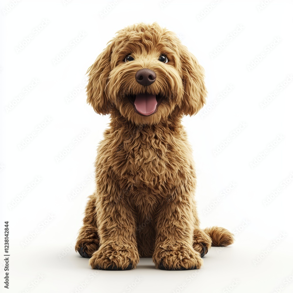 Realistic 3D icon of a Fluffy golden doodle dog sitting happily with a wagging tail, centered on a clean white background Realistic 3D icon of a Fluffy golden doodle dog sitting happily with a wagging tail, centered on a clean white background
