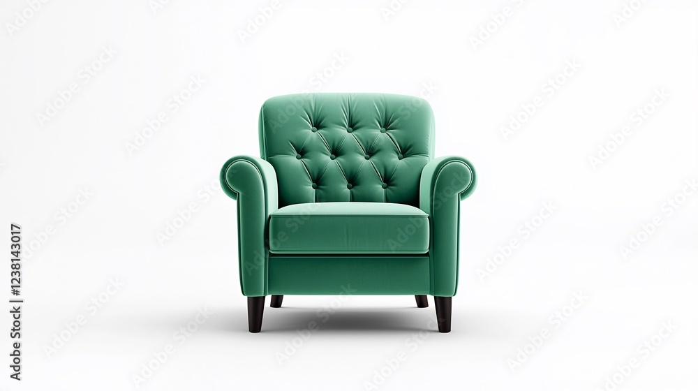 Elegant green tufted armchair positioned centrally against a minimalist white backdrop, showcasing modern design Elegant green tufted armchair positioned centrally against a minimalist white backdrop, showcasing modern design