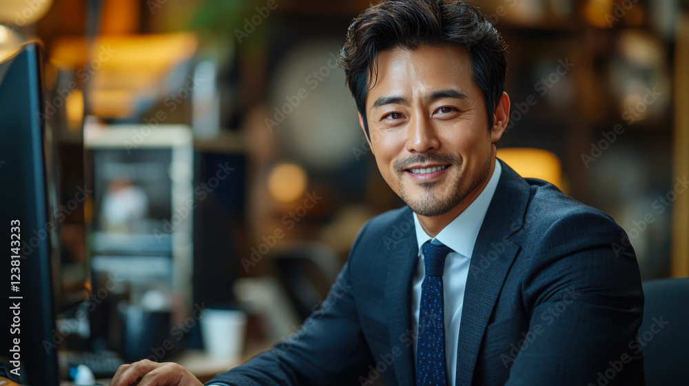 Fototapeta premium Professional man smiling at desk in modern office environment during work hours