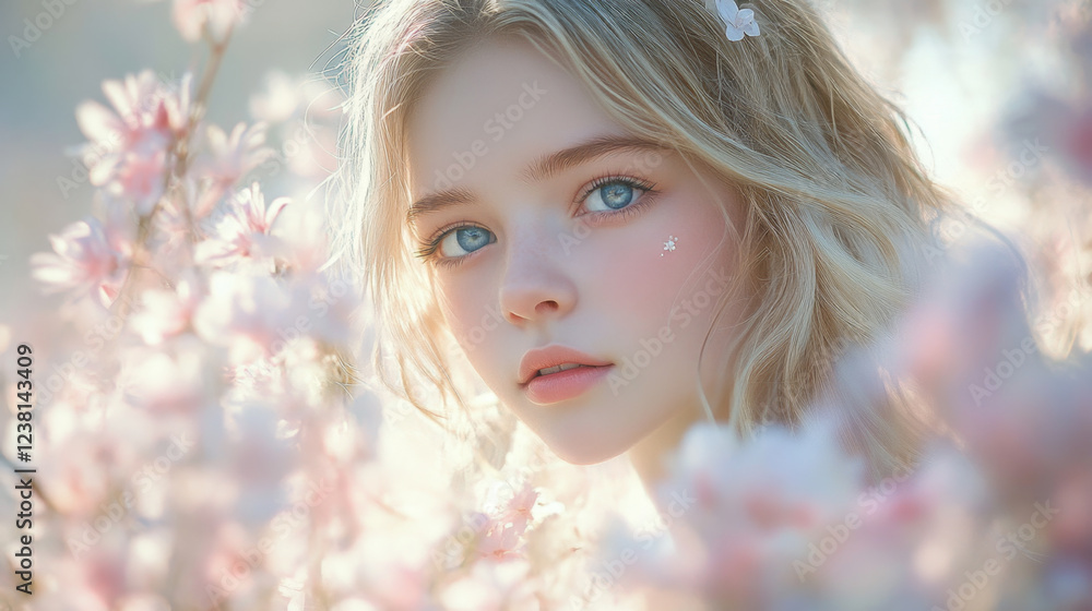 Fototapeta premium Serene Portrait of a Young Woman Amid Blooming Flowers