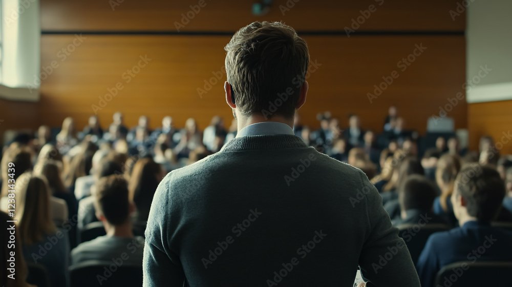 Male speaker delivering a presentation in a university workshop, with an audience visible from the rear. Male speaker delivering a presentation in a university workshop, with an audience visible from the rear.