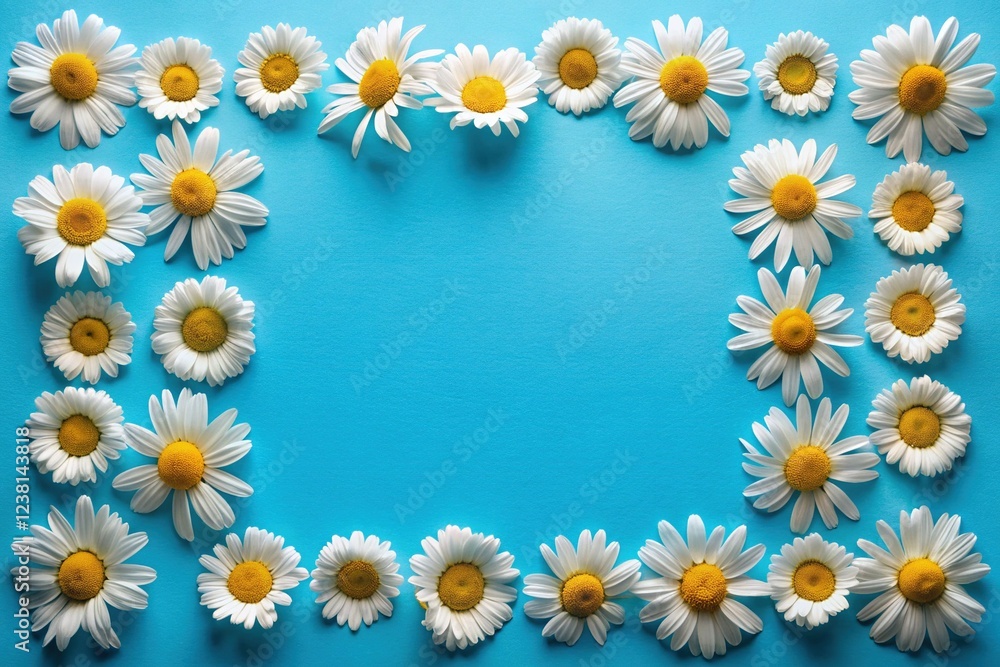 Obraz premium Flat Lay Blue Background with Chamomile Flower Frame, Copy Space for Branding, Product Photography, and Design