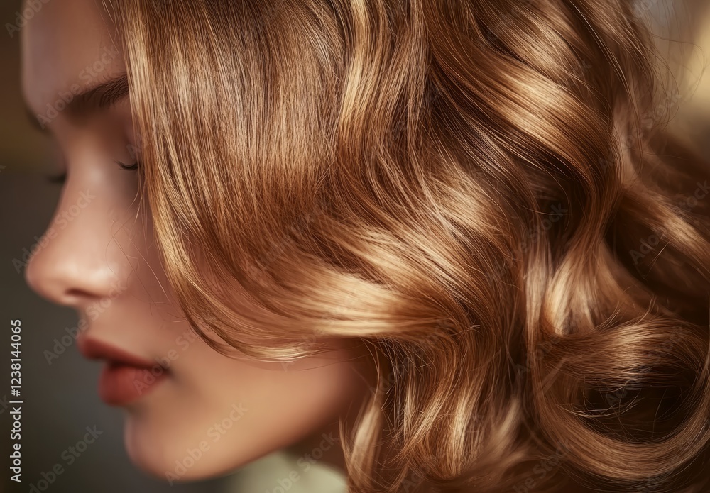 Profile View Highlighting Golden Brunette Hair with Loose Wavy Style