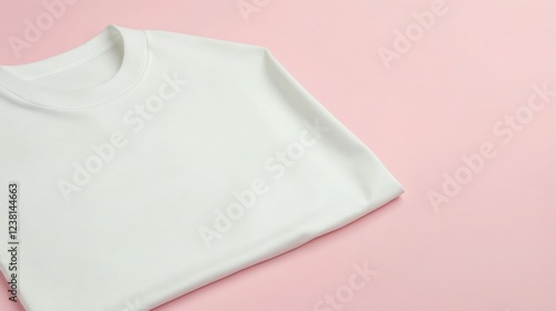 Simple white t-shirt laid on soft pink background showcasing minimalist fashion design elements photo