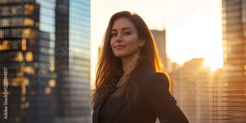 Smiling woman standing confidently in front of a city skyline during a sunset, exuding success
