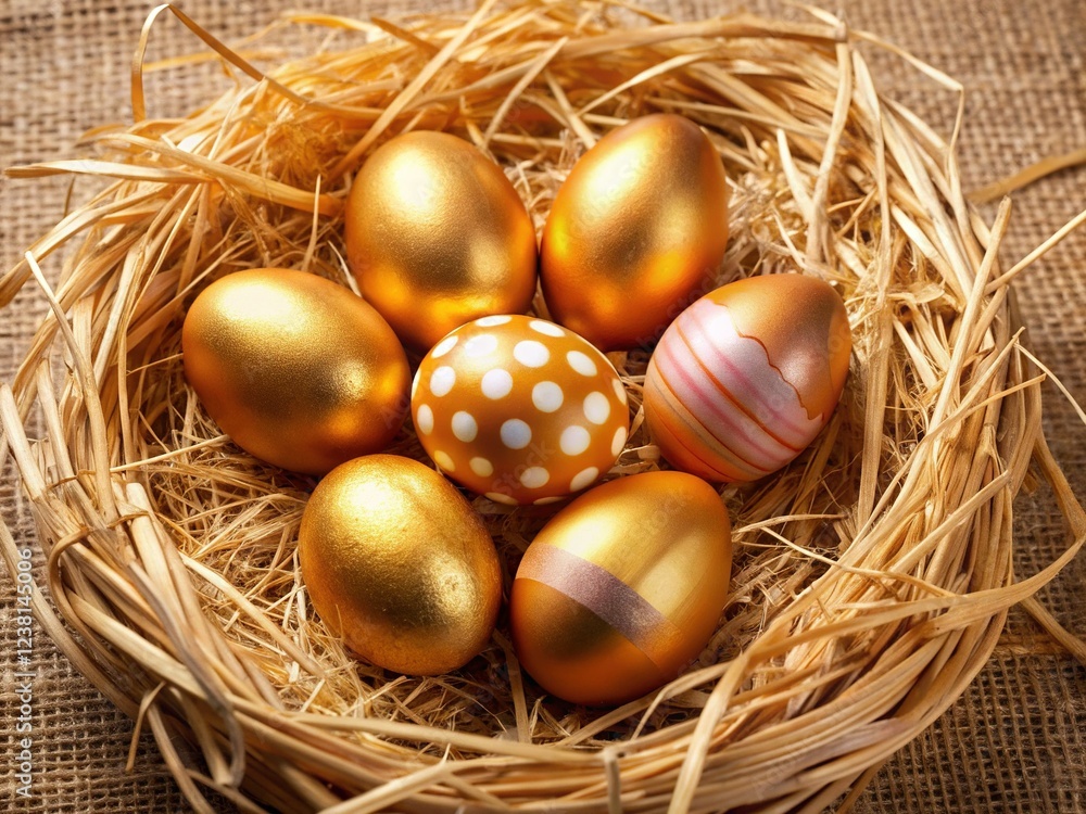 Fototapeta premium Golden Easter Eggs on Straw: Festive Holiday Background