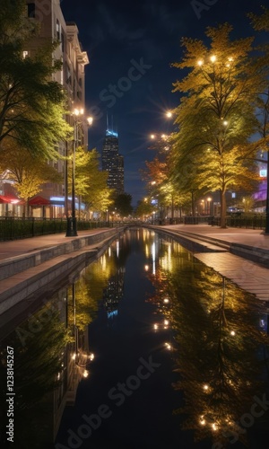 Riverfront Park at night with Broadway lights reflection, sunset, skyline