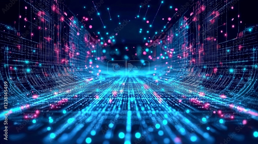 Naklejka premium Abstract Digital Network: Futuristic Technology and Data Flow Visualization. 