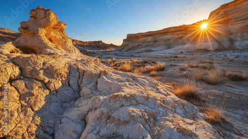 Majestic Sunrise Over Arid Landscape with Unique Rock Formations