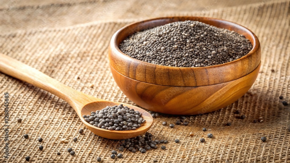 Healthy Chia Seeds in Rustic Wooden Bowl & Spoon on Burlap