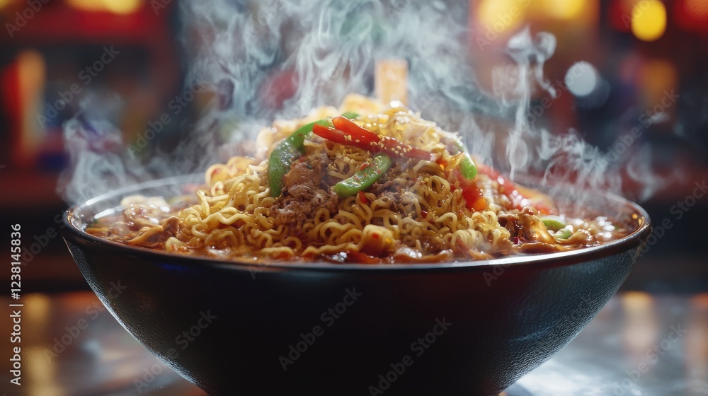 A hot bowl of ramen with intricate details: tender noodles, rich broth, and colorful vegetables with rising steam