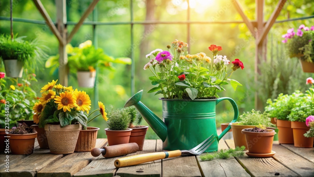 Gardening tools and seedlings in a green pot on a wooden table surrounded by fresh flowers and lush greenery , greenhouse, gardening tools Gardening tools and seedlings in a green pot on a wooden table surrounded by fresh flowers and lush greenery , greenhouse, gardening tools