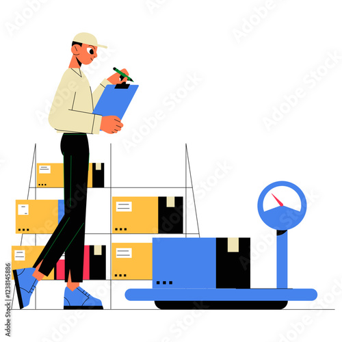 Warehouse Worker Weighing Packages In Flat Vector Illustration Symbolizing Logistics, Freight Handling, And Stock Management, Isolated On White Background