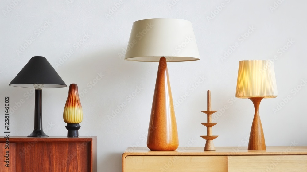Mid-Century Modern Table Lamps and Decor on Wooden Sideboard