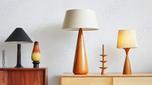 Mid-Century Modern Table Lamps and Decor on Wooden Sideboard