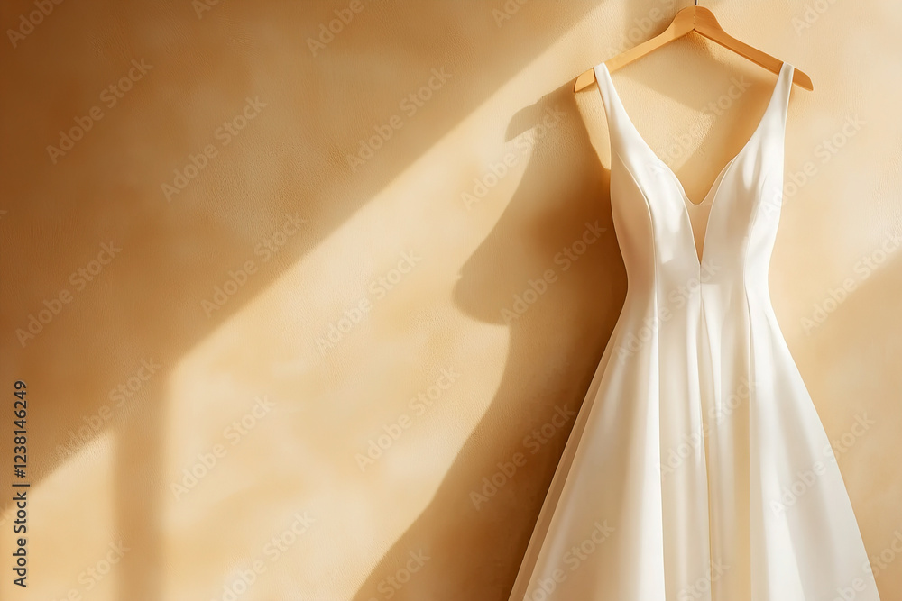 Elegant bridal gown hanging on a wooden hanger against a sunlit wall Elegant bridal gown hanging on a wooden hanger against a sunlit wall