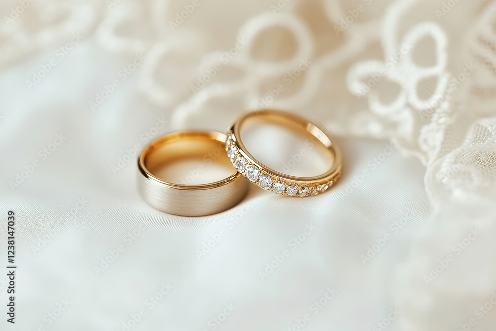 Elegant wedding rings displayed on soft fabric with delicate lace details Elegant wedding rings displayed on soft fabric with delicate lace details