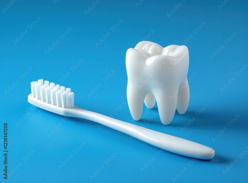 White tooth model and blue soft brush on a light blue background, a dental health concept. Dental care background. Tooth and toothbrush White tooth model and blue soft brush on a light blue background, a dental health concept. Dental care background. Tooth and toothbrush
