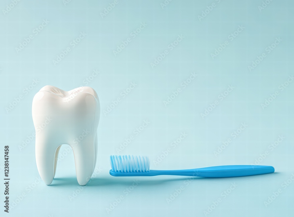 White tooth model and blue soft brush on a light blue background, a dental health concept. Dental care background. Tooth and toothbrush White tooth model and blue soft brush on a light blue background, a dental health concept. Dental care background. Tooth and toothbrush