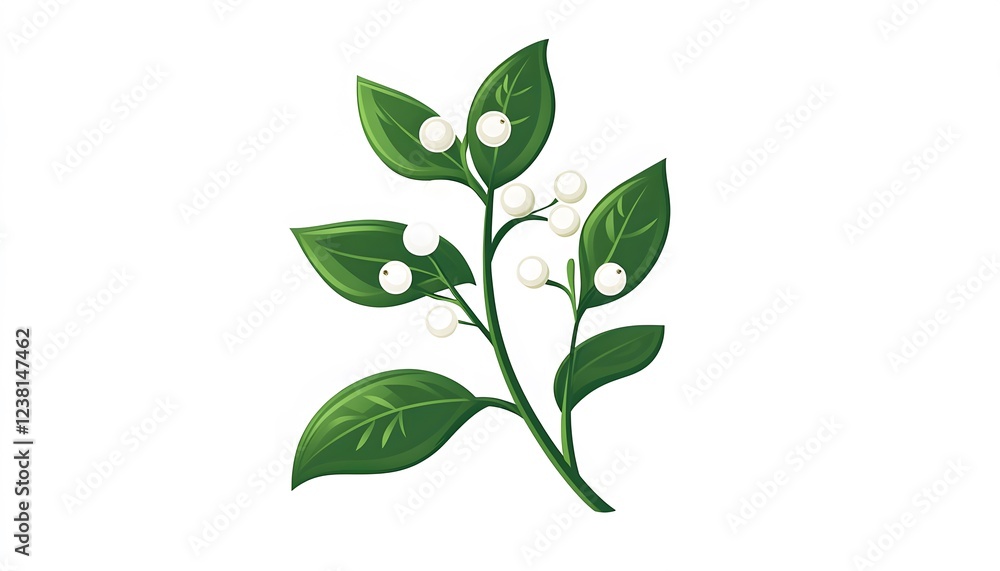 Fototapeta premium Green sprig with white berries and leaves