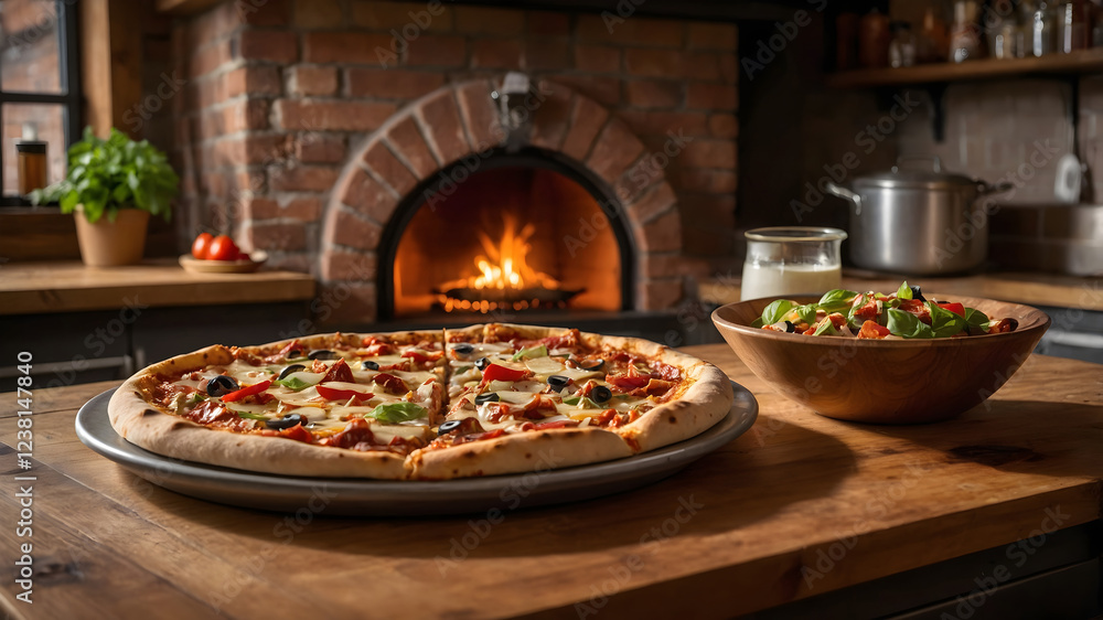 A freshly baked pizza with melted cheese, olives, and bell peppers sits on a wooden table in a cozy kitchen, celebrating National Pizza Day. A freshly baked pizza with melted cheese, olives, and bell peppers sits on a wooden table in a cozy kitchen, celebrating National Pizza Day.