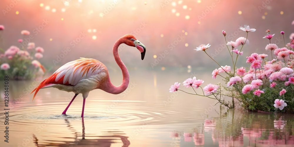 Fototapeta premium A flamingo wading in shallow water against a soft pink background, flowers, bird's eye view, flowers, bird's eye view, branch