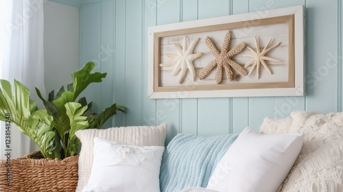 Obraz na płótnie Coastal Starfish Wall Art and Cozy Reading Nook w salonie