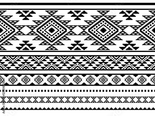 Southwest Aztec geometric Native American Mexican Navajo tribal ethnic boho indian texture ornament seamless pattern fabric black and white design vector for woven textile printing blanket rug carpet 