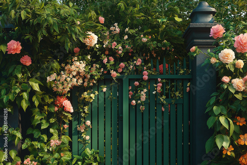A green gate with pink flowers on it