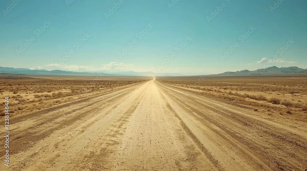 Fototapeta premium Vast Open Road Unfolds Under Clear Blue Sky in Desert Landscape
