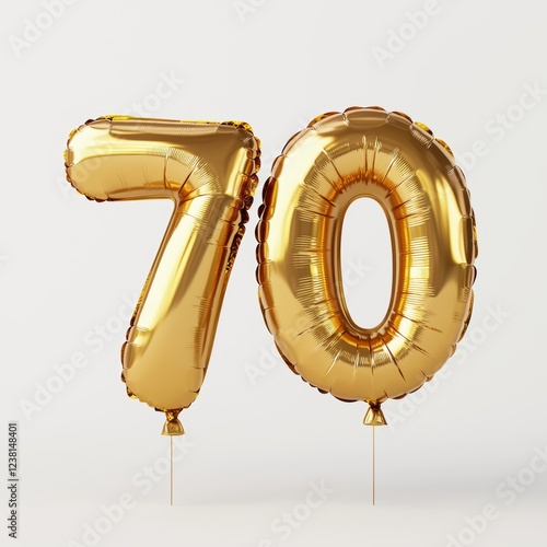 3D number 70 with Shaped Golden Foil Balloons realistic modern design, soft lighting, bright white background