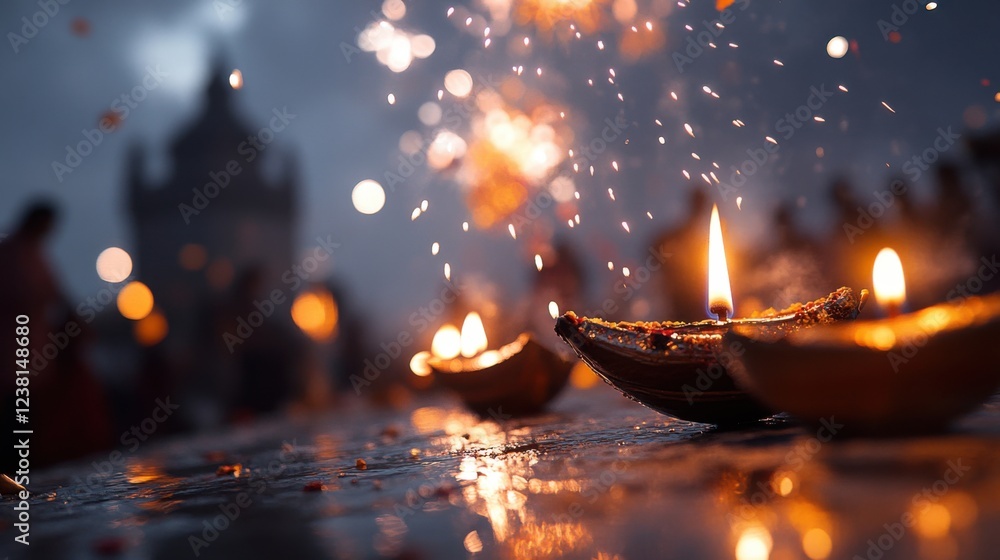 Festive lights illuminate a gathering at dusk with oil lamps during a cultural celebration in India Festive lights illuminate a gathering at dusk with oil lamps during a cultural celebration in India