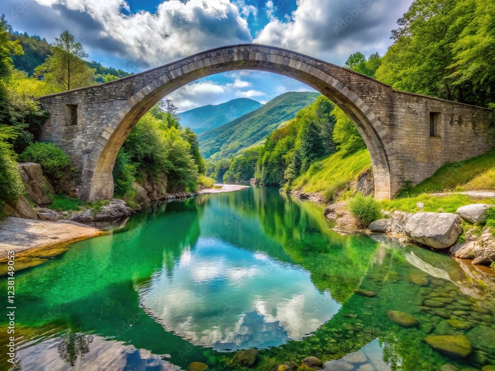 Majestic Devil's Bridge, Chienti River, Italy - Panoramic View Majestic Devil's Bridge, Chienti River, Italy - Panoramic View