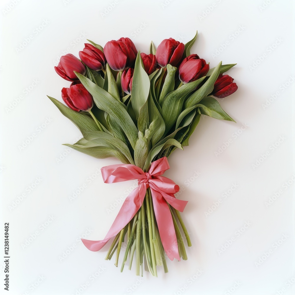 A bouquet of red tulips tied with a pink ribbon, placed on a bright white background for Saint Valentines Day A bouquet of red tulips tied with a pink ribbon, placed on a bright white background for Saint Valentines Day