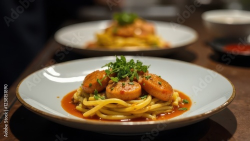 Delicious and Hearty Pasta Dish with Flavorful Meatballs and Fresh Aromatic Herbs for Dinner photo