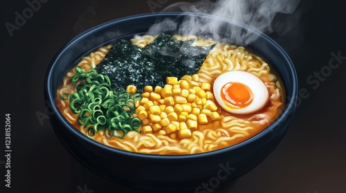A steaming bowl of ramen topped with nori, corn, scallions, and a soft egg, perfect for vibrant food ads and menus