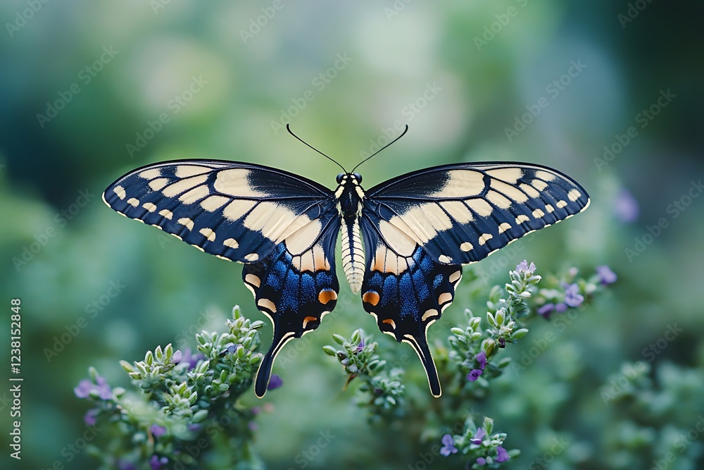 Fototapeta premium A Dingy Swallowtail on a cluster of wild thyme, its muted colors blending with the natural greens.