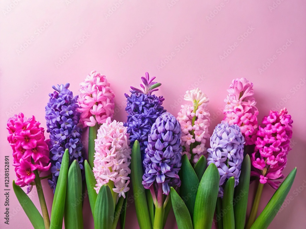 Fototapeta premium Pink and Purple Hyacinth Flowers on Soft Pink Background for Hello Spring
