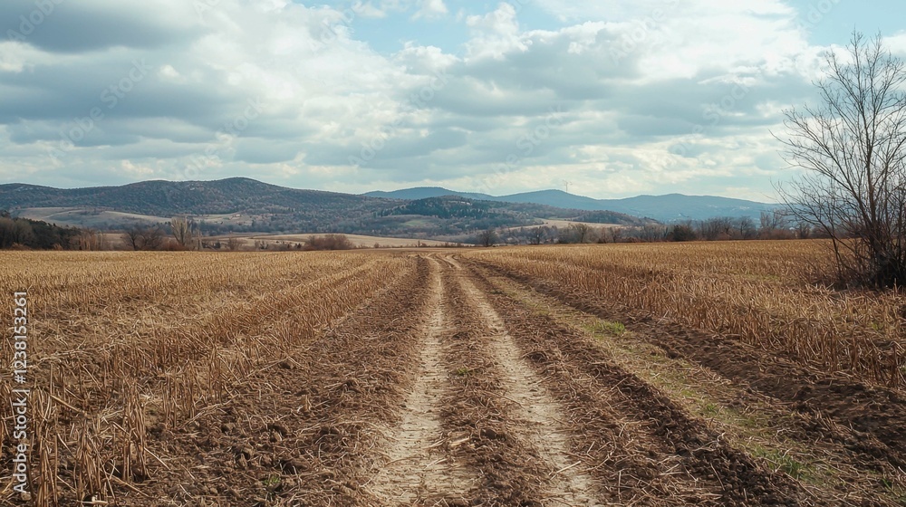 Serene Landscape of a Rural Field with Scenic Mountains in Background Serene Landscape of a Rural Field with Scenic Mountains in Background
