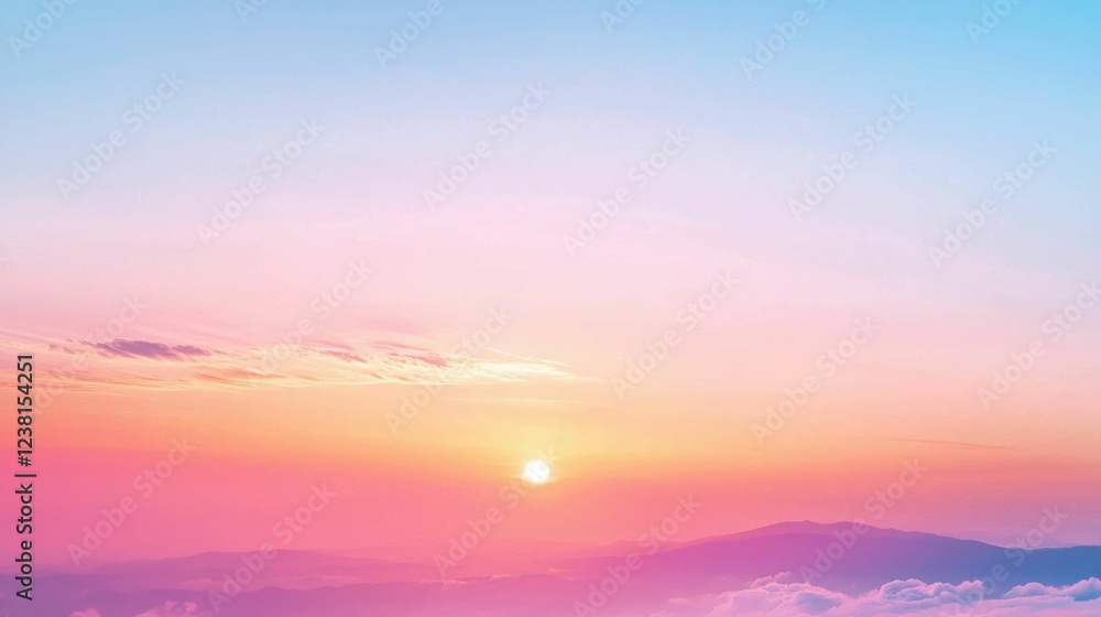 Serene Sunrise Over Mountain Range and Soft Clouds In Pastel Colors Serene Sunrise Over Mountain Range and Soft Clouds In Pastel Colors